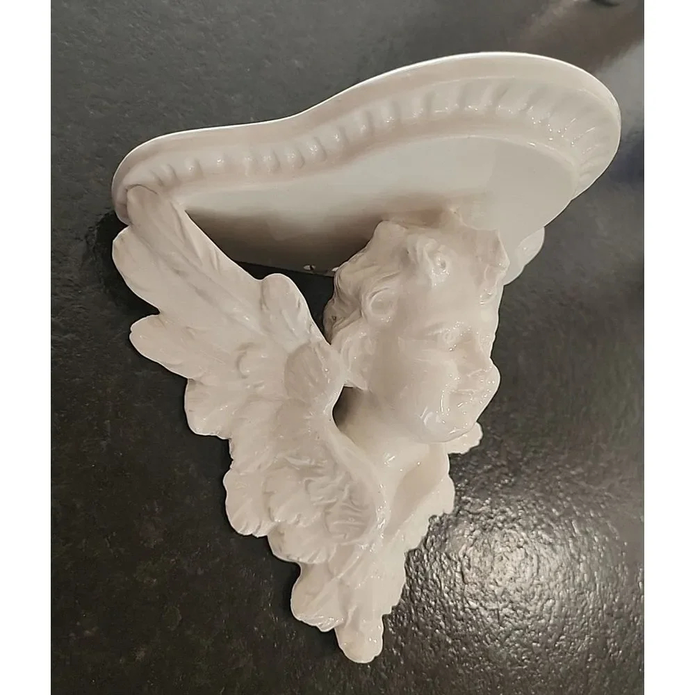 Beautiful ITALIAN pottery CHERUB ANGEL‎ Wall Hanging Shelf BRACKET white ceramic